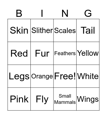 Animal Characteristics Bingo Card