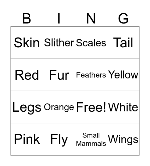 Animal Characteristics Bingo Card