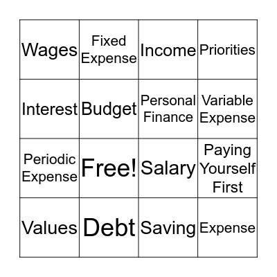 JA Personal Finance Bingo Card