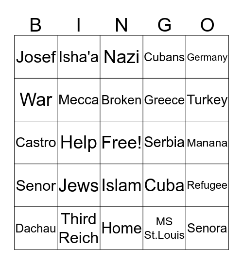 Refugee Bingo Card