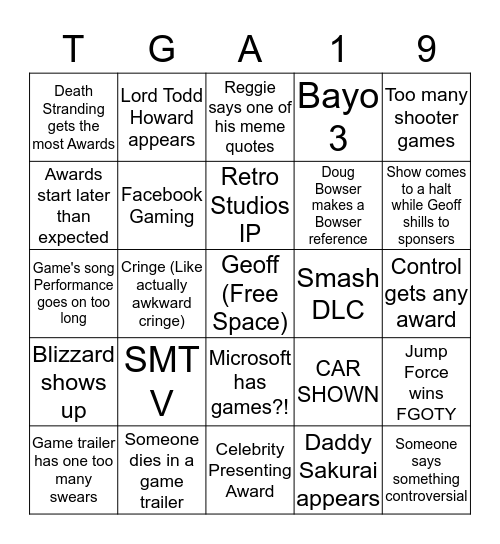 Game Awards 2019 Bingo Card