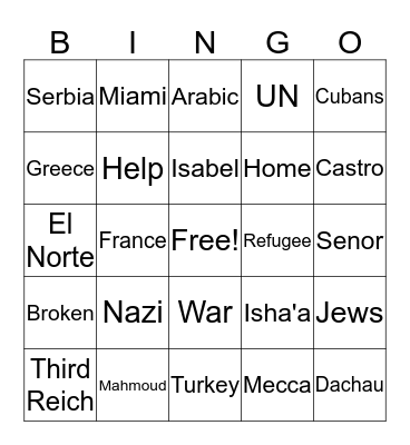 Refugee Bingo Card