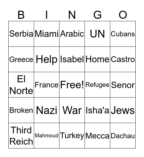 Refugee Bingo Card