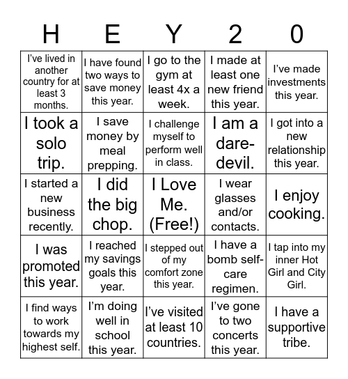 2020 Vision Board Party Bingo Card