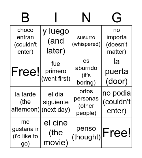 Spanish Bingo Card