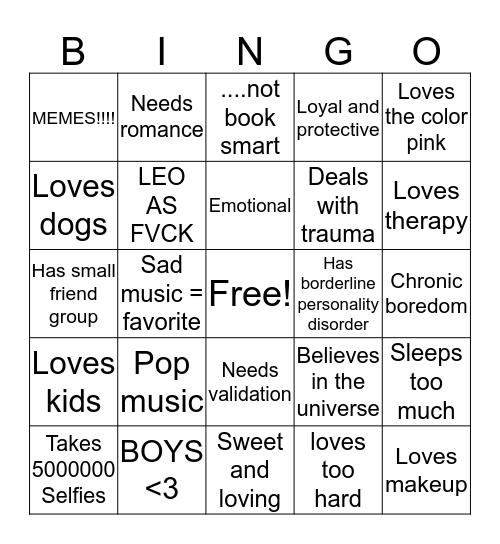 Sarah the blueprint bingo Card