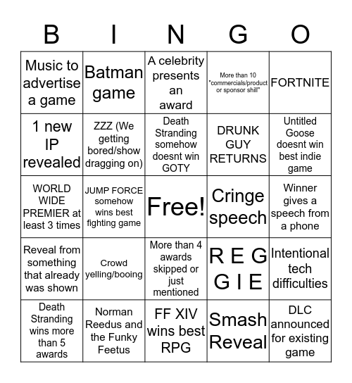 The Game Awards 2019 GET JEBAITED edition Bingo Card