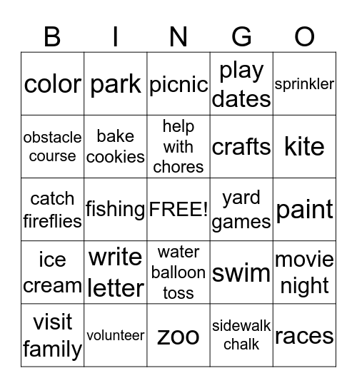 Creative Summer Activities Bingo Card