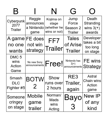 VGAs Bingo Card