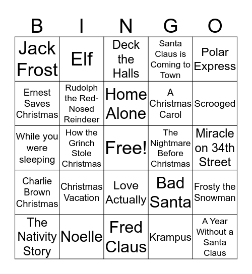 Holiday Movie  Bingo Card