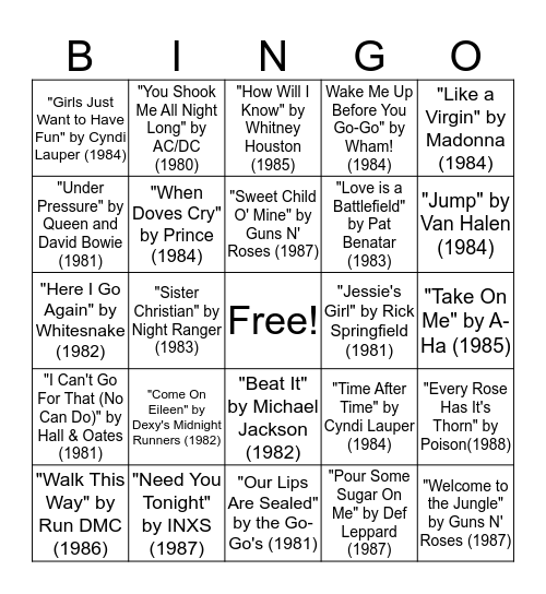 Melissa's 80's Pop Music Bingo Card