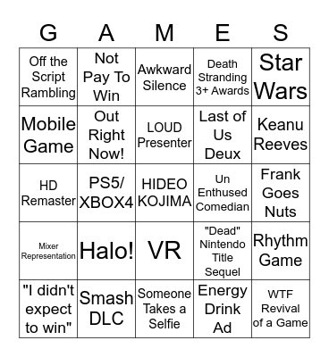 Game Awards 2019 Bingo Card