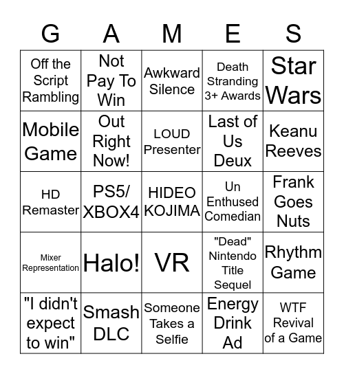 Game Awards 2019 Bingo Card