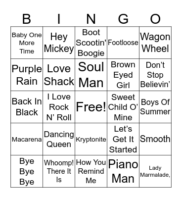 Rock N' Roll Bingo Card