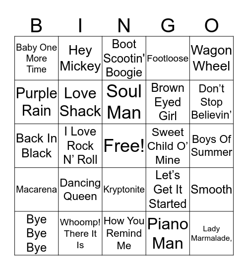 Rock N' Roll Bingo Card