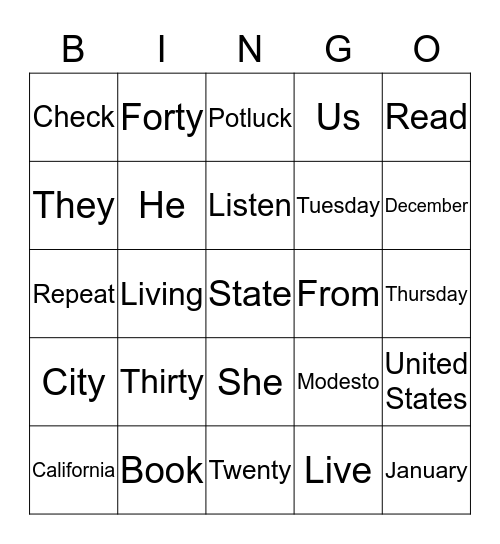 December 12, 2019 Bingo Card