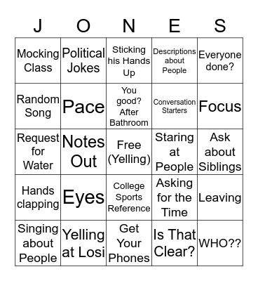 Jones Bingo Card