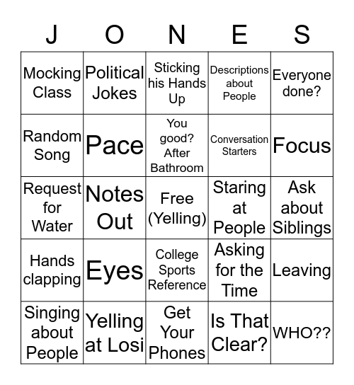 Jones Bingo Card