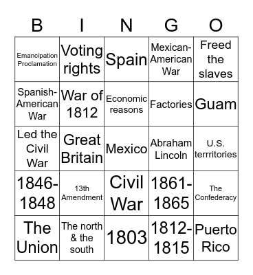 U.S. History during the 1800s Bingo Card