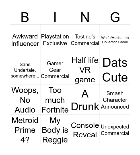 The Game Awards 2019 Bingo Card