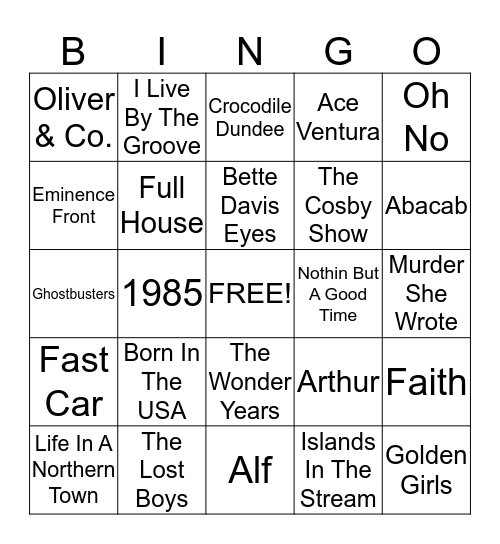 80's Entertainment Bingo Card