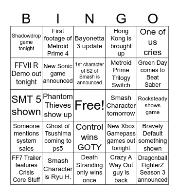 Scott's VGA 2019 Bingo Board Bingo Card