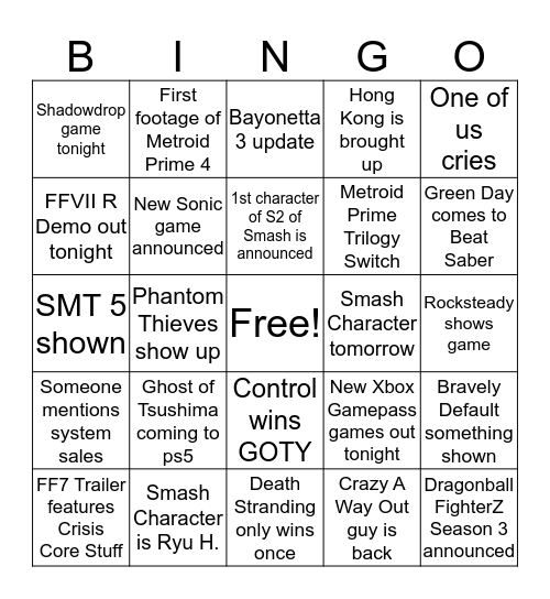 Scott's VGA 2019 Bingo Board Bingo Card