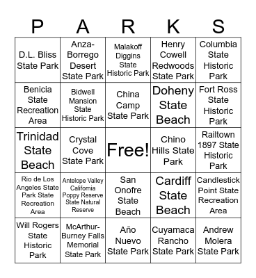 California State Parks Foundation Bingo Card