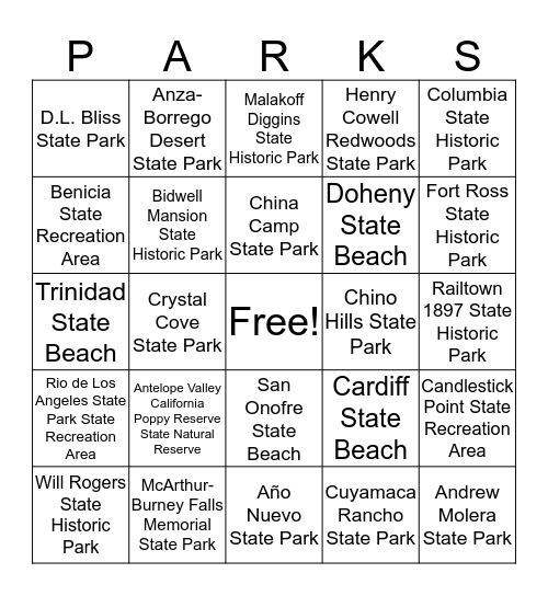 California State Parks Foundation Bingo Card