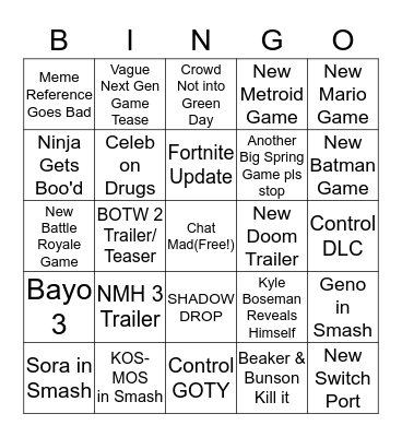 Game Awards Bingo Card