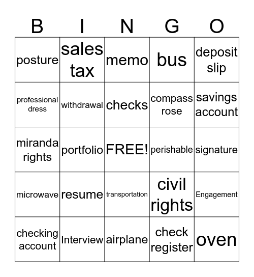 Living Skills Bingo Card