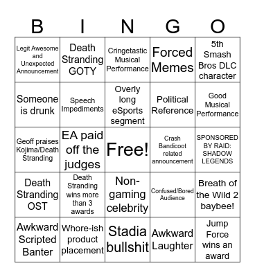 Vidya Game Awards Bingo Card