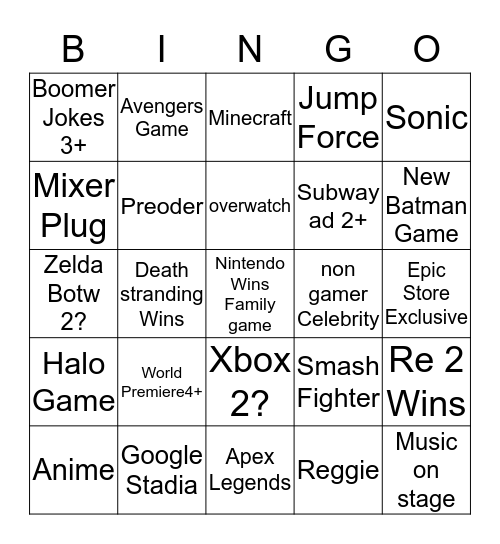 Game awards Bingo Card