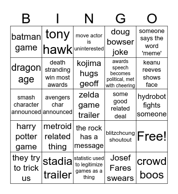 game awards 2019 Bingo Card
