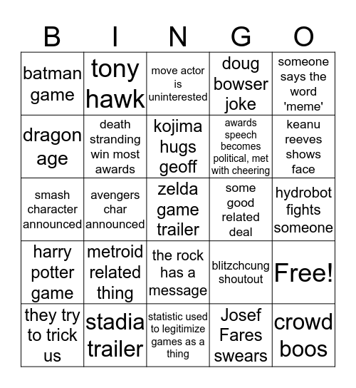 game awards 2019 Bingo Card