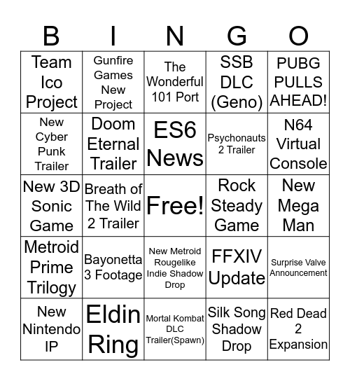 Game Awards 2019 Bingo Card