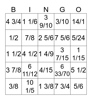 Fraction Bingo Card