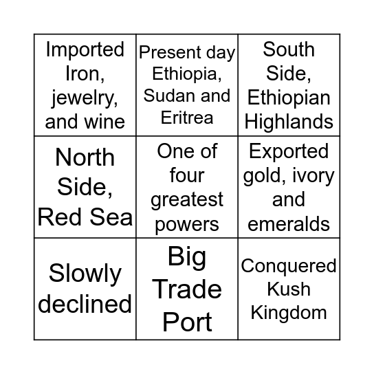 Aksum Empire Bingo Card