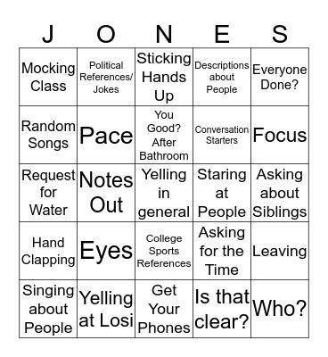 Jones Bingo Card