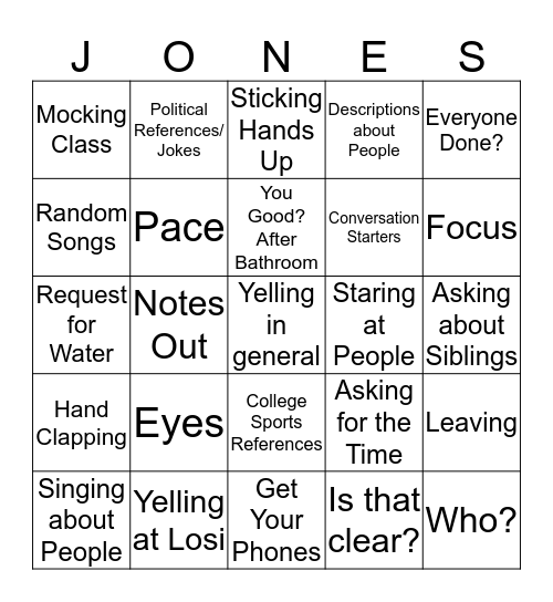 Jones Bingo Card