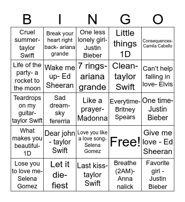 Sarah’s favorite songs Bingo Card