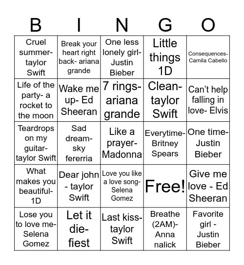 Sarah’s favorite songs Bingo Card