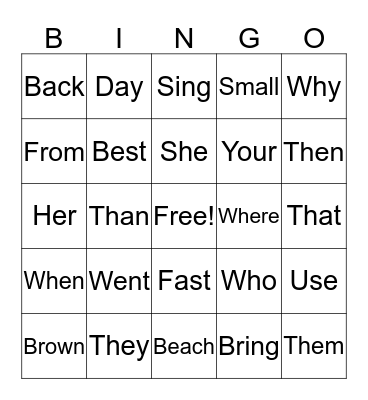 Sight Words Bingo Card