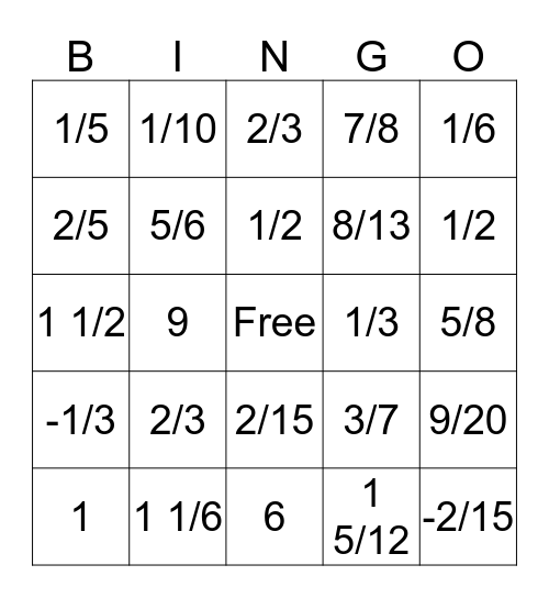 Practice with Fractions Bingo Card