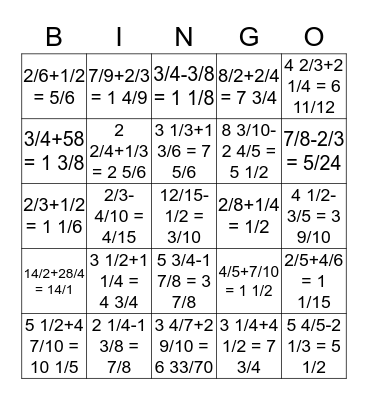 Fraction Bingo Calling Sheet and Answers Bingo Card