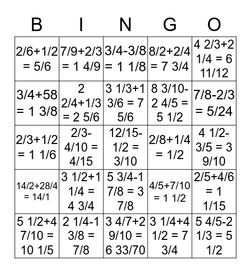 Fraction Bingo Calling Sheet and Answers Bingo Card