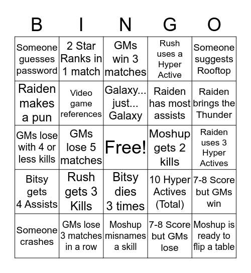 GM Livestream Bingo Card