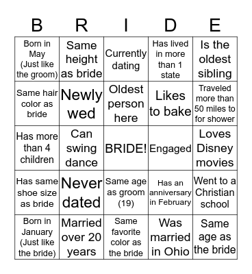 Bridal Shower Bingo Card