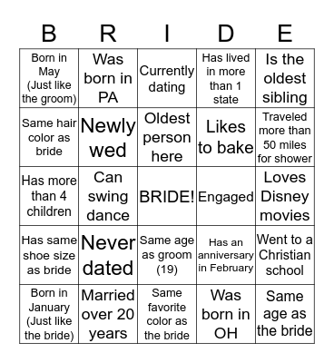 Bridal Shower Bingo Card