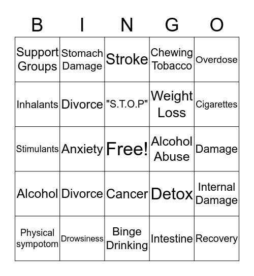 ADDICTION & RECOVERY  Bingo Card